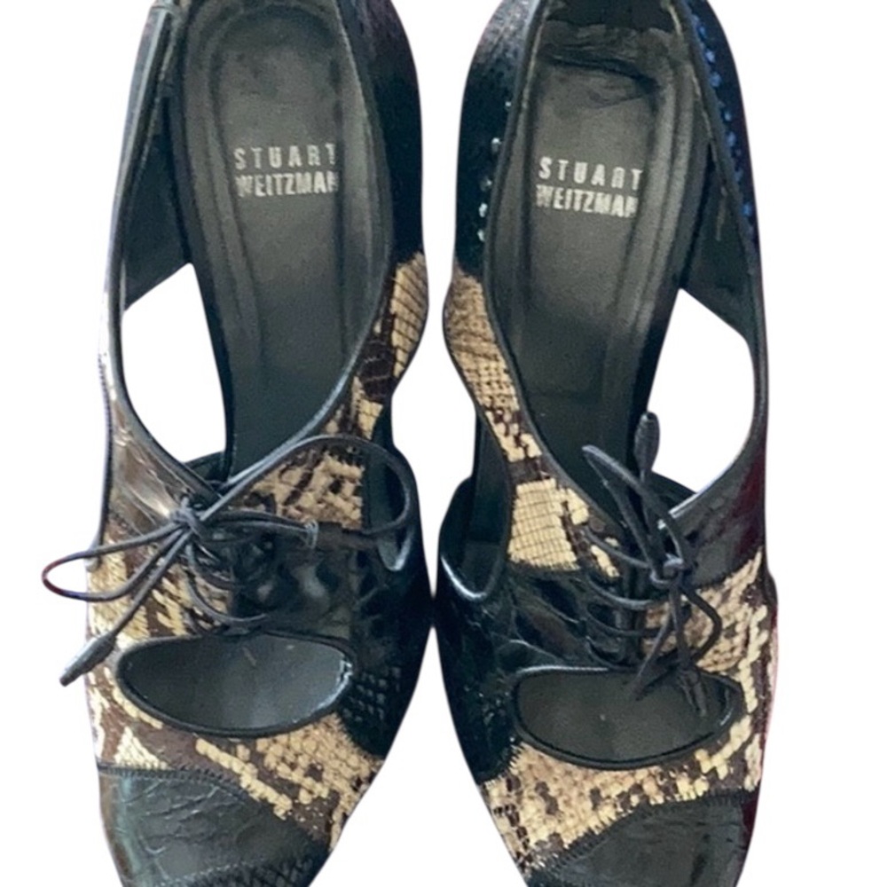 Stuart Weitzman Black and Brown Heels with Lace-Up Design